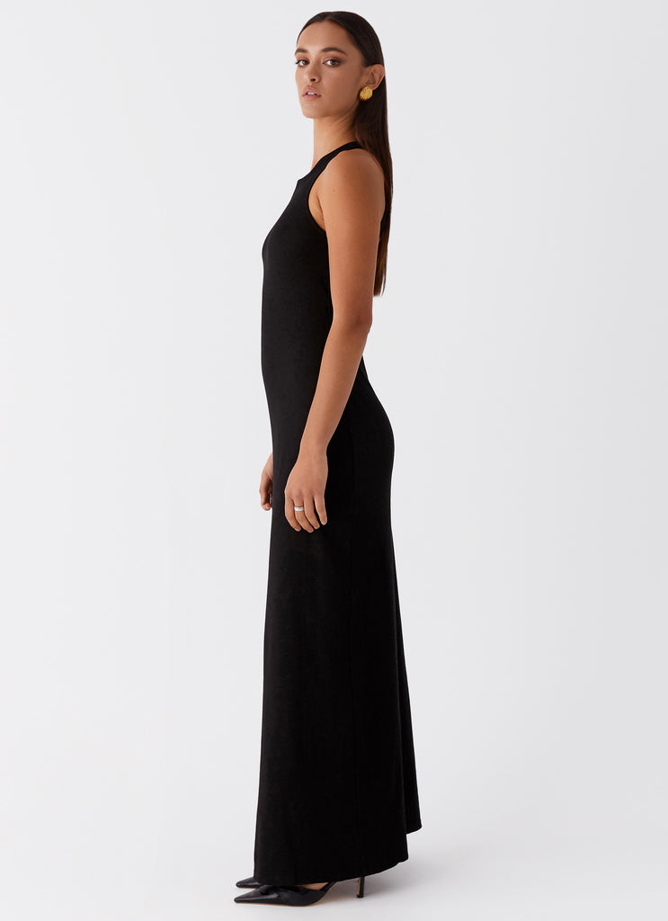 Womens Alice Cut Out Maxi Dress in the colour Black in front of a light grey background