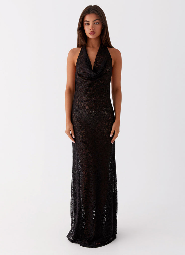 Womens Tempest Cowl Neck Maxi Dress in the colour Black in front of a light grey background