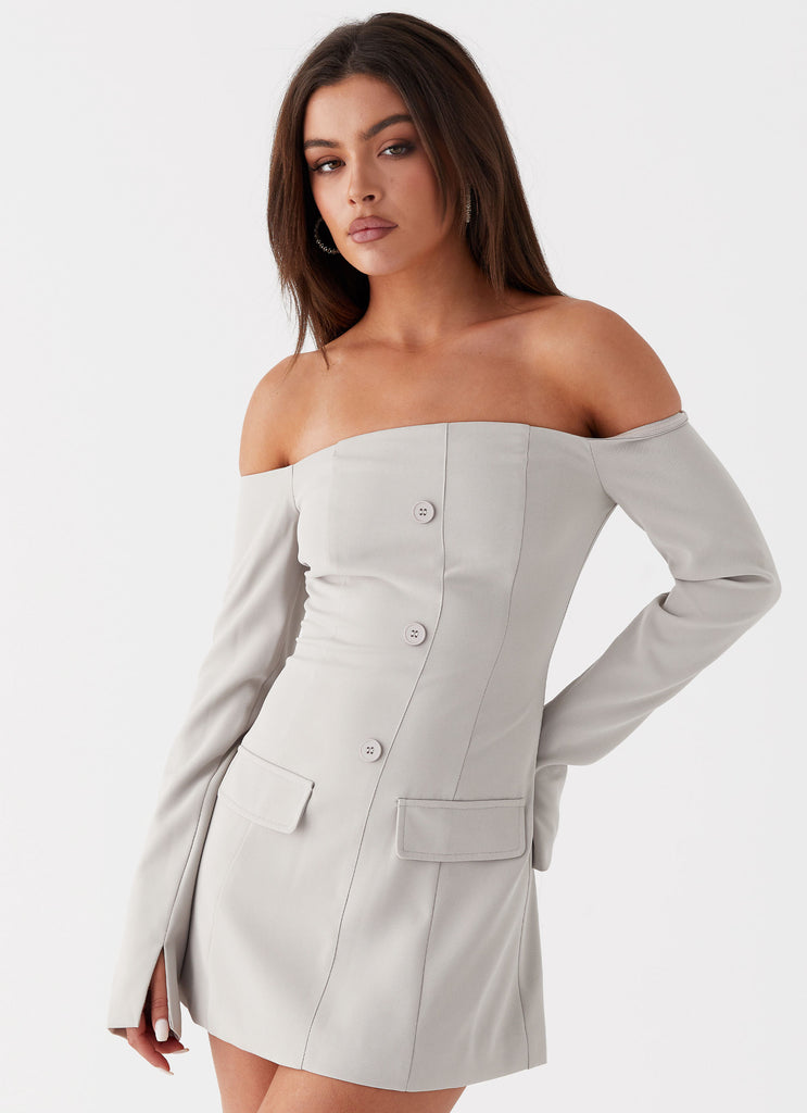 Womens Dominique Blazer Mini Dress in the colour Grey in front of a light grey background