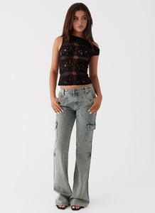 Womens Zephee Flare Jeans in the colour Washed Denim in front of a light grey background