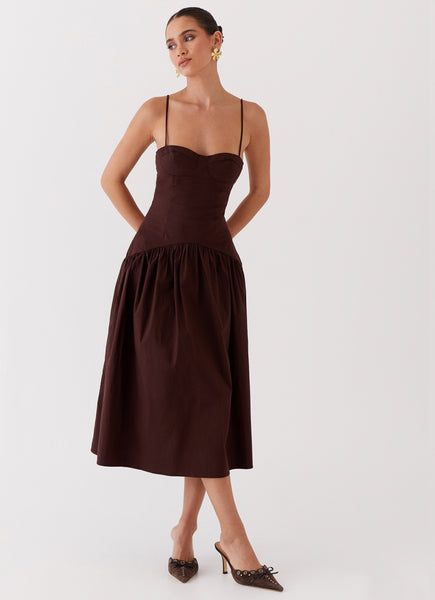corset dress midi Velvi - Maeve - Navy Satin 3% Spandex Lining Glitter Corset Midi Dress Brown