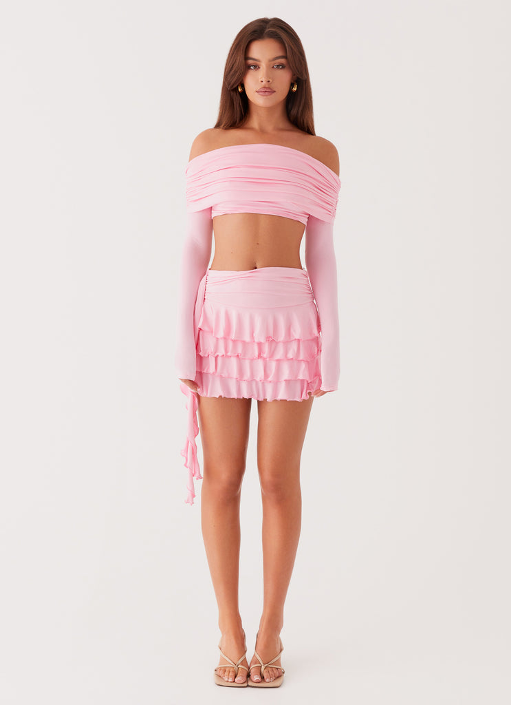 Bardot Long Sleeve Crop Top - Candy Pink