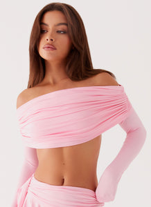 Bardot Long Sleeve Crop Top - Candy Pink