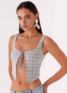 Womens Oasis Dreams Tie Top in the colour Check in front of a light grey background