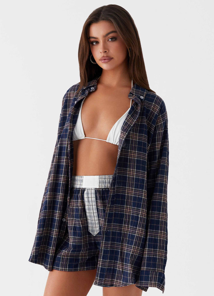 Womens Harley Oversized Shirt in the colour Navy Check in front of a light grey background