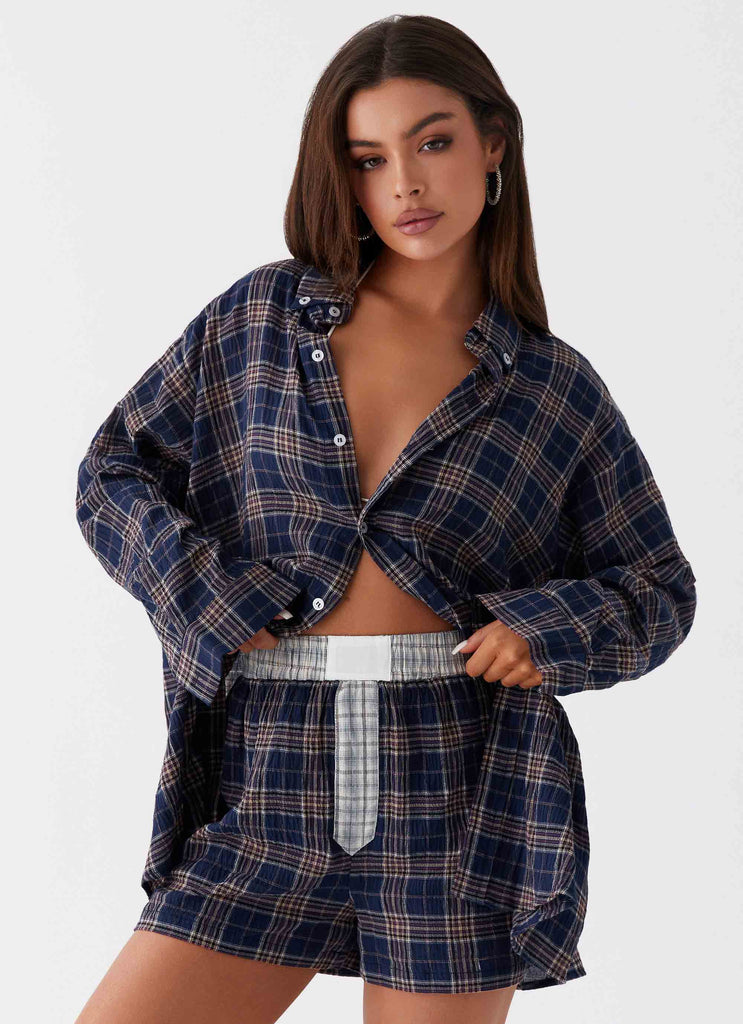 Womens Harley Oversized Shirt in the colour Navy Check in front of a light grey background