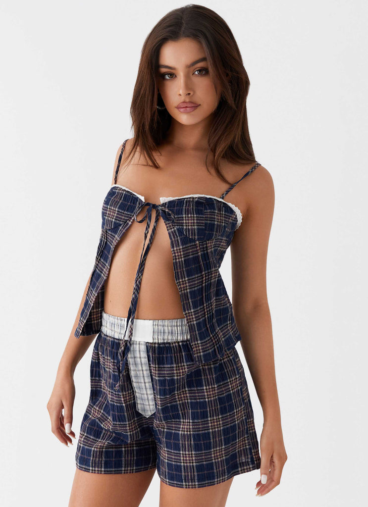 Womens Tamaira Top in the colour Navy Check in front of a light grey background