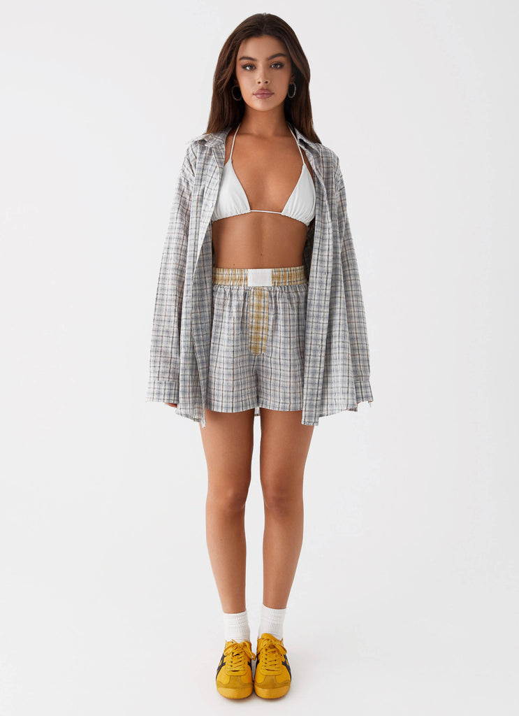 Womens Harley Oversized Shirt in the colour Grey Check in front of a light grey background