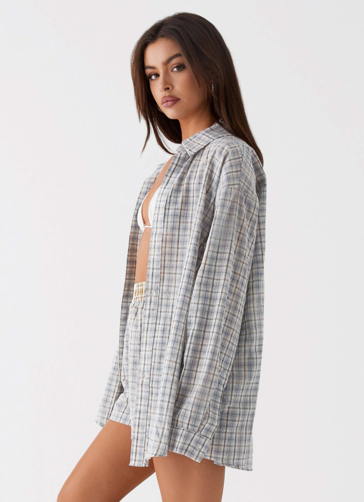 Womens Harley Oversized Shirt in the colour Grey Check in front of a light grey background