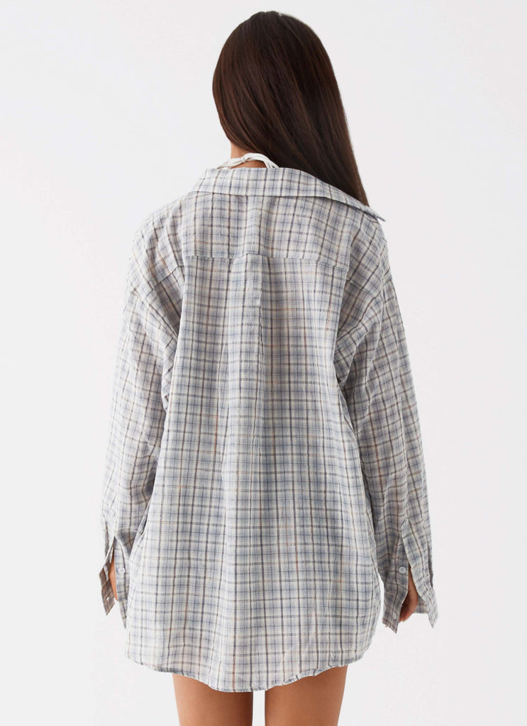 Womens Harley Oversized Shirt in the colour Grey Check in front of a light grey background