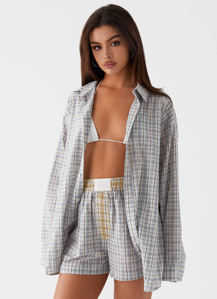 Womens Harley Oversized Shirt in the colour Grey Check in front of a light grey background