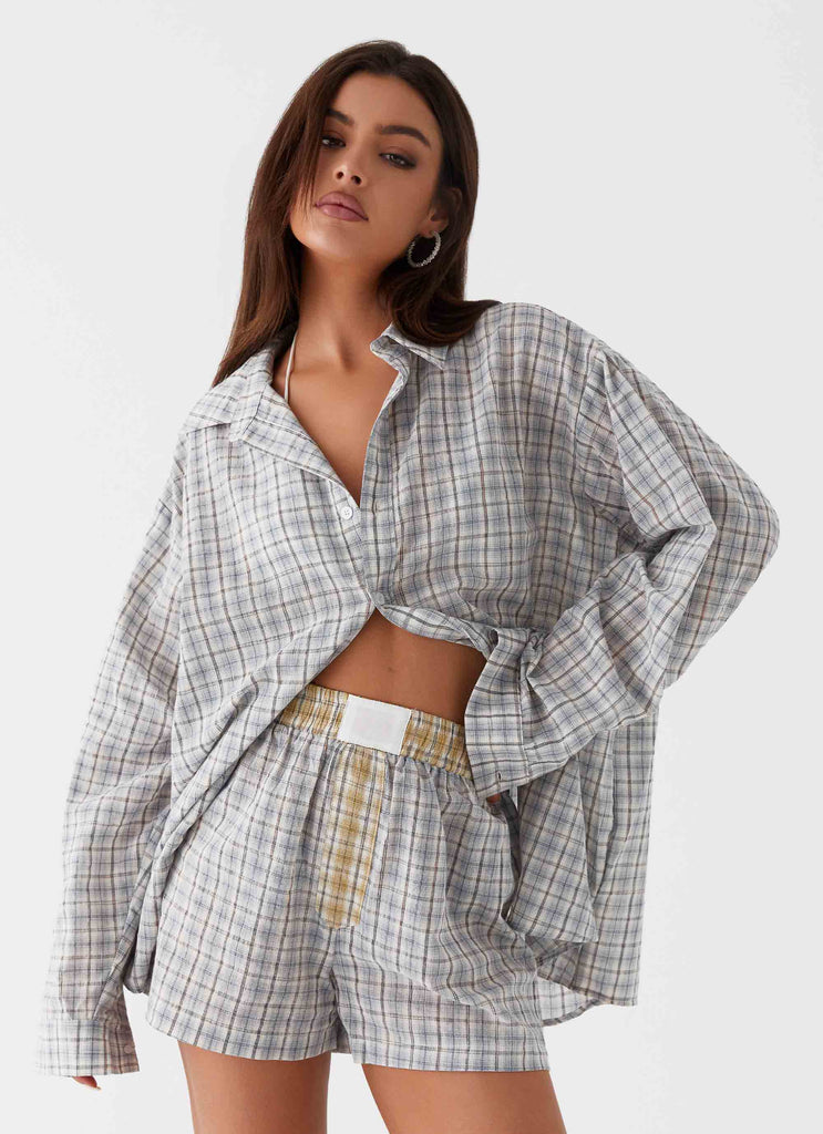 Womens Harley Oversized Shirt in the colour Grey Check in front of a light grey background