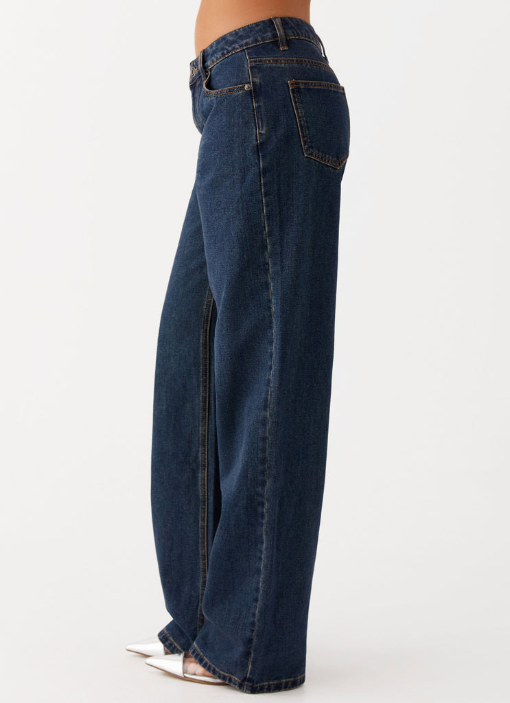 Womens Keanna Low Rise Denim Jeans in the colour Washed Denim in front of a light grey background