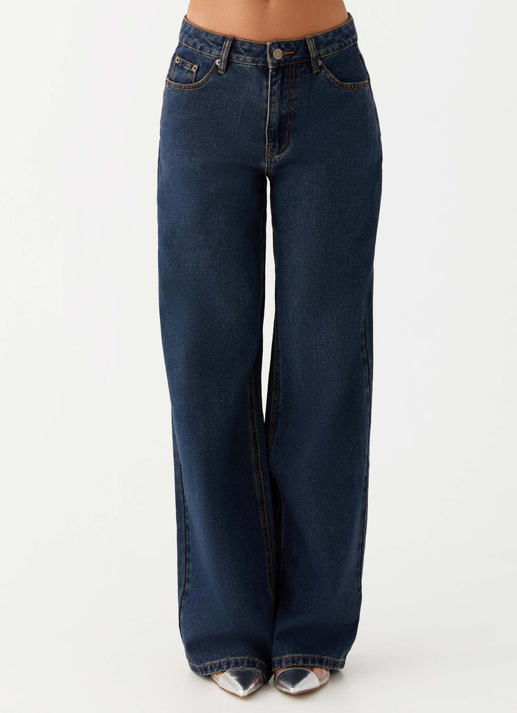 Womens Keanna Low Rise Denim Jeans in the colour Washed Denim in front of a light grey background