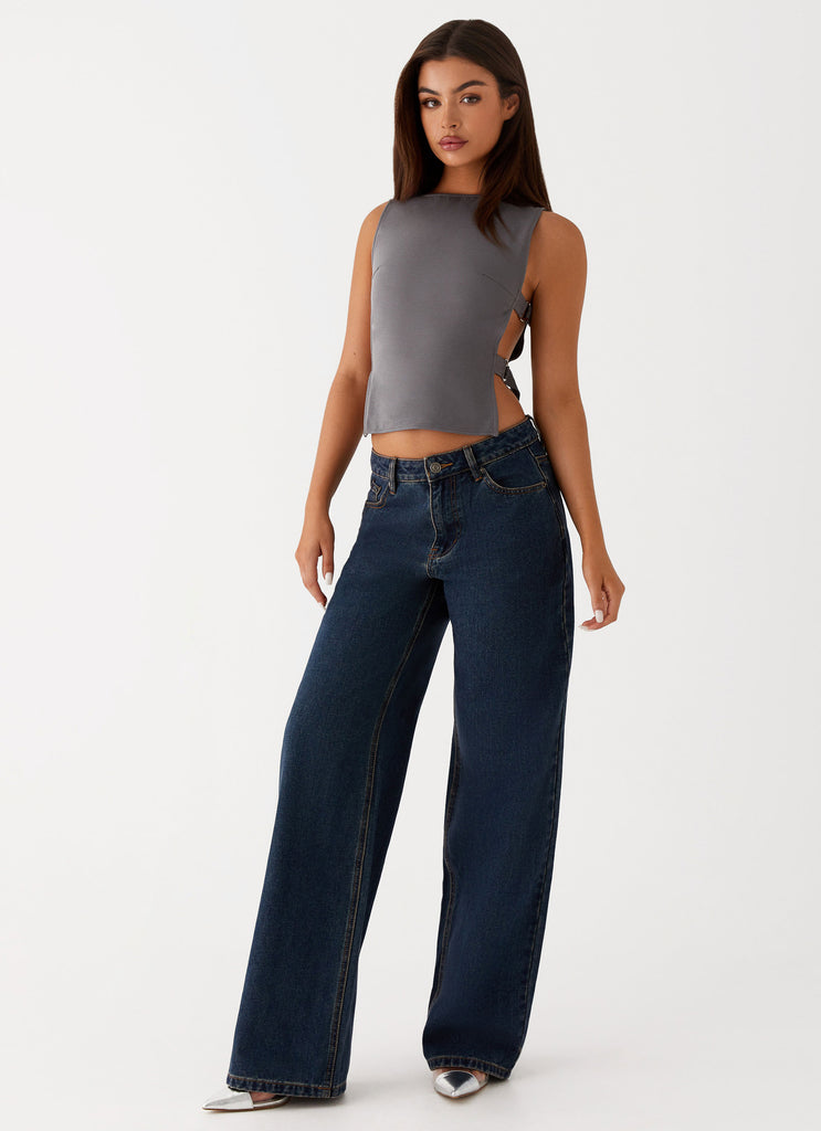 Womens Keanna Low Rise Denim Jeans in the colour Washed Denim in front of a light grey background