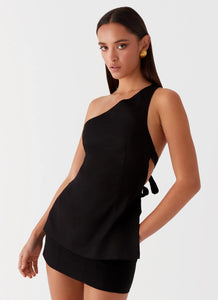 Womens Olsen Linen One Shoulder Top in the colour Black in front of a light grey background