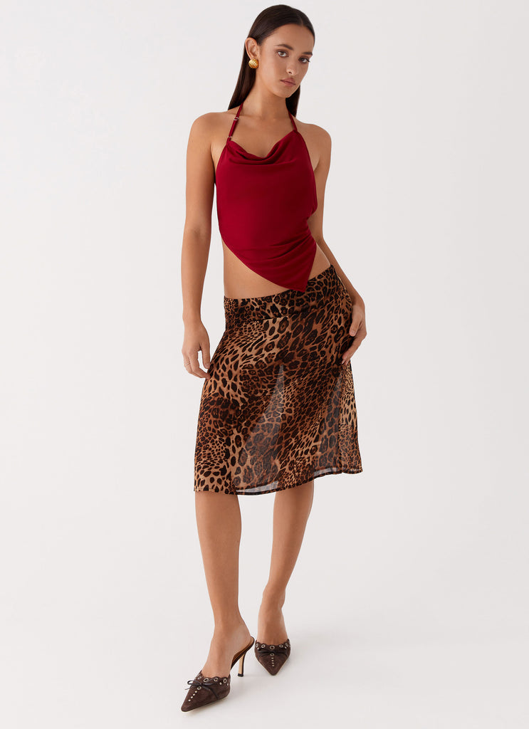 Womens Evoke Chiffon Midi Skirt in the colour Leopard in front of a light grey background