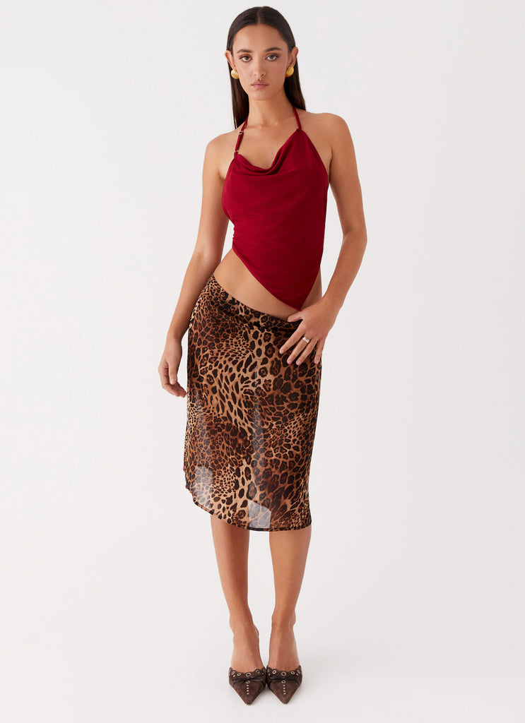 Womens Evoke Chiffon Midi Skirt in the colour Leopard in front of a light grey background