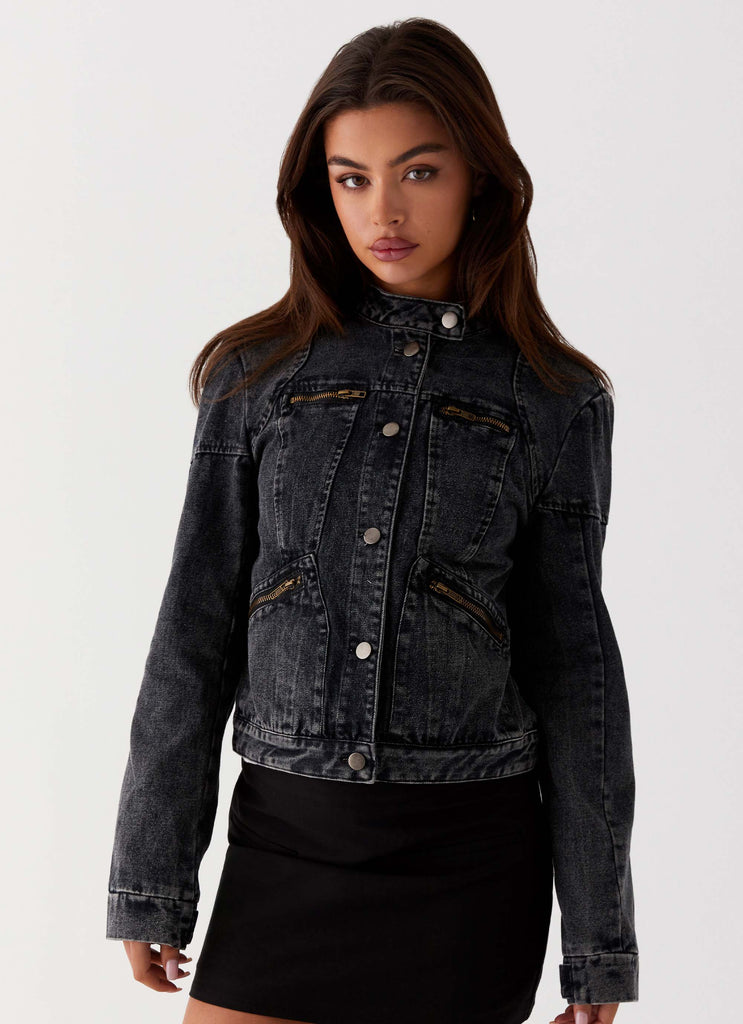 Womens Another Late Night Denim Jacket in the colour Charcoal in front of a light grey background