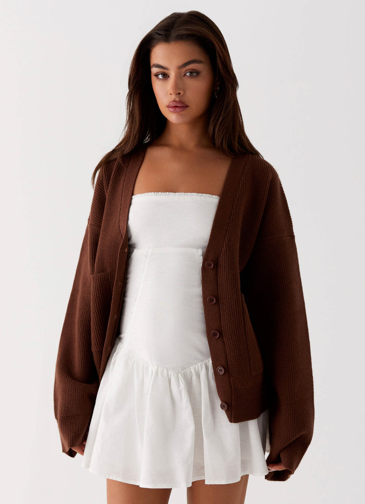 Womens Liza Knit Cardigan in the colour Chocolate in front of a light grey background