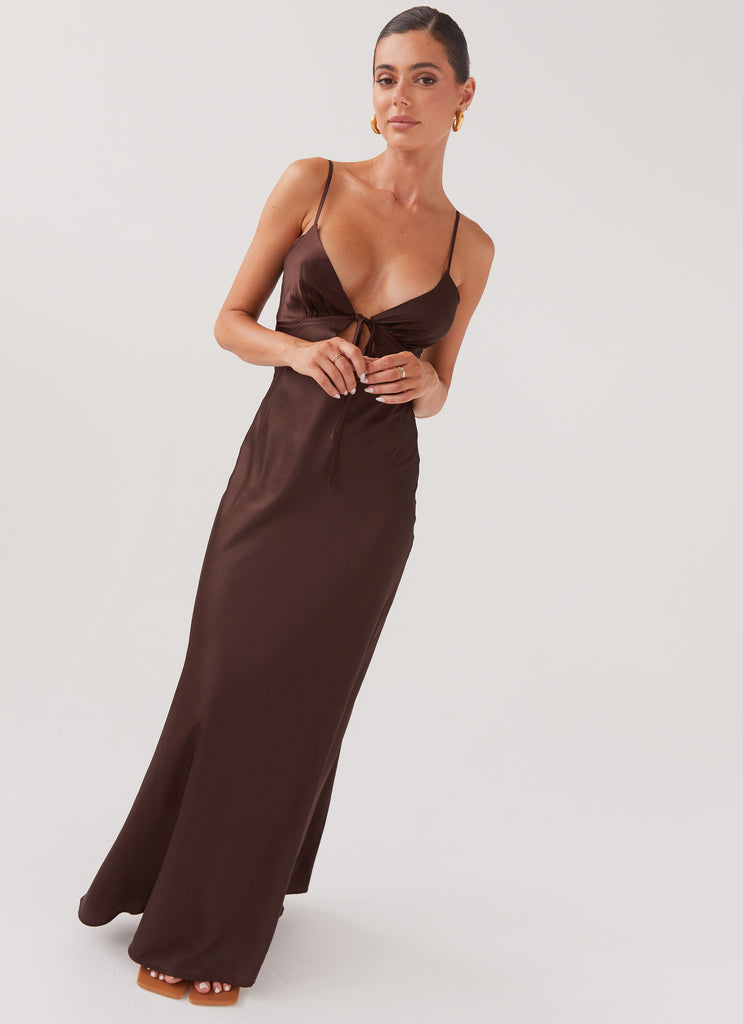 Womens Flora Satin Maxi Dress in the colour Chocolate in front of a light grey background