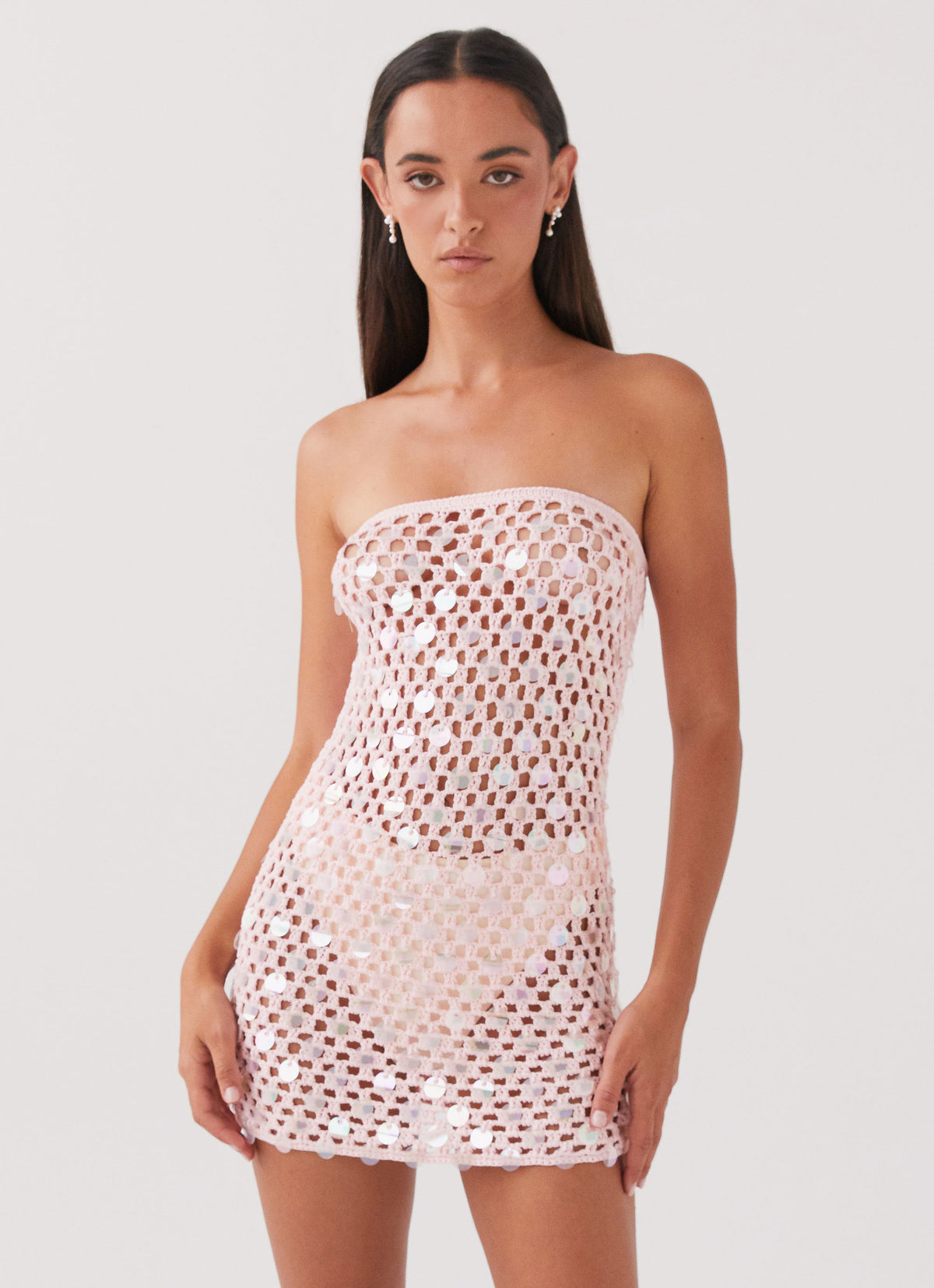 Womens Montana Sequin Crochet Mini Dress in the colour Pink in front of a light grey background
