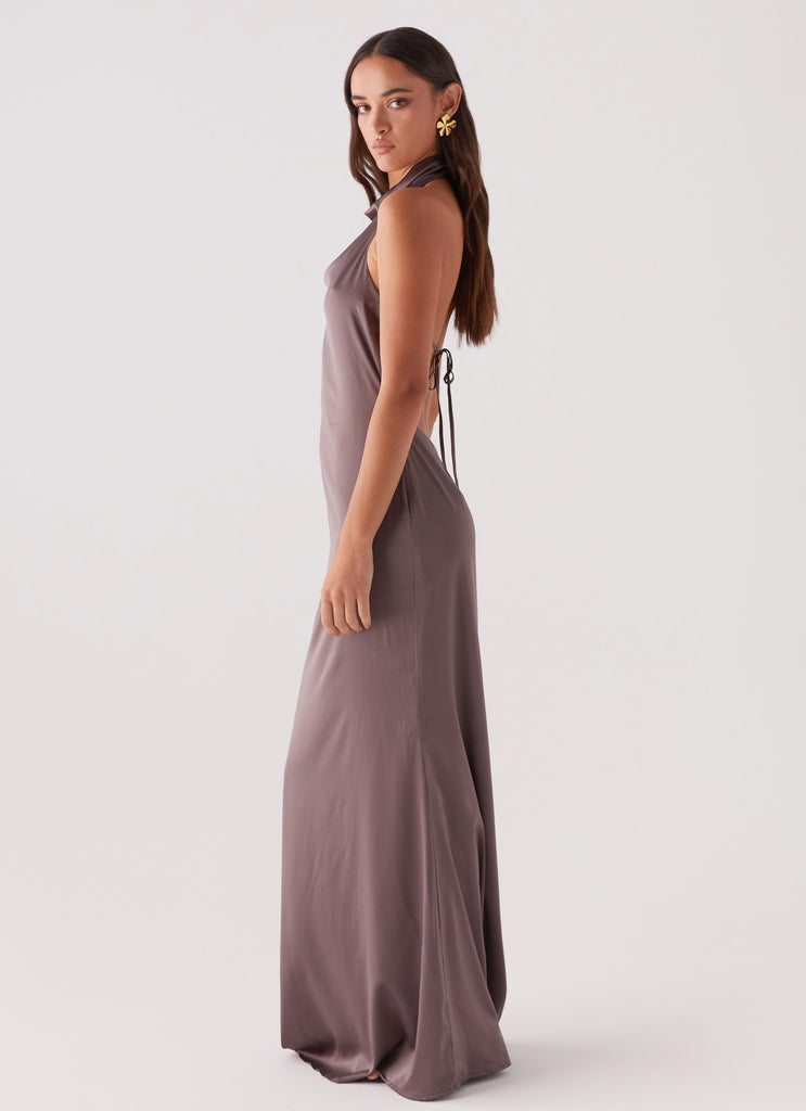 Womens Wynn Satin Maxi Dress in the colour Chocolate in front of a light grey background