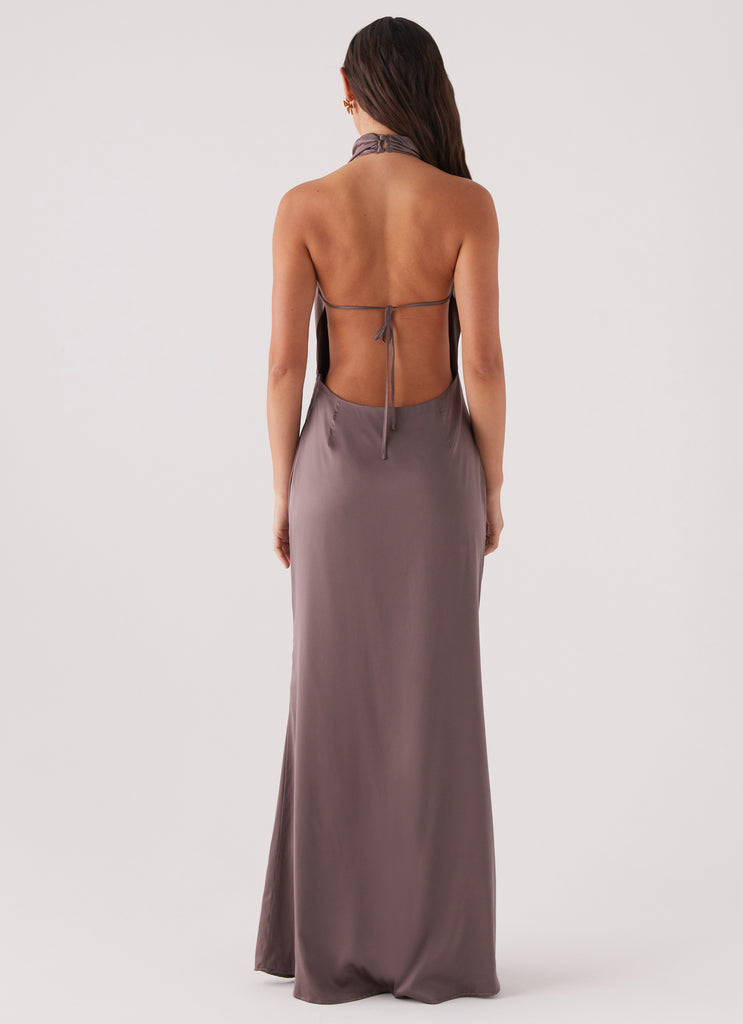 Womens Wynn Satin Maxi Dress in the colour Chocolate in front of a light grey background