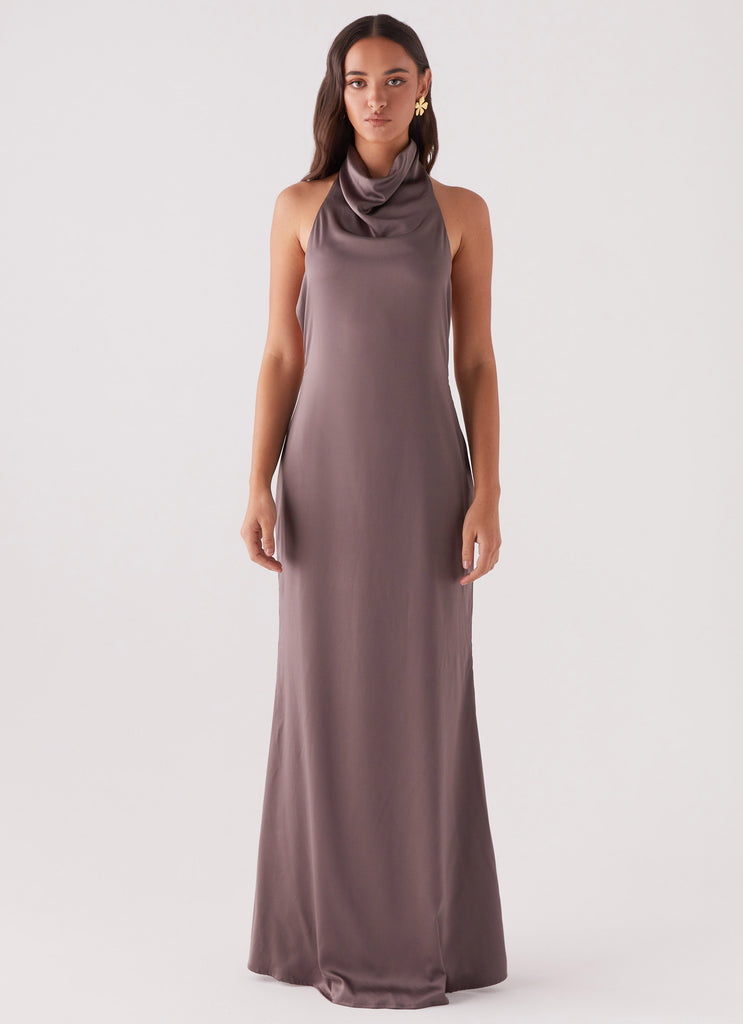 Womens Wynn Satin Maxi Dress in the colour Chocolate in front of a light grey background