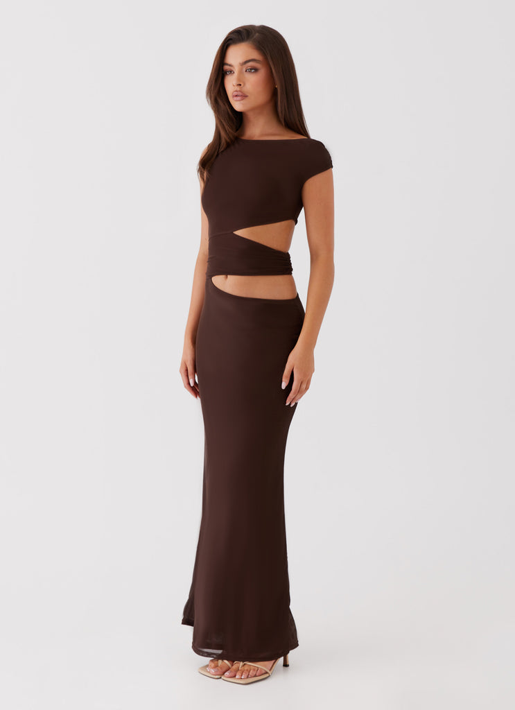 Womens Margot One Shoulder Maxi Dress in the colour Chocolate in front of a light grey background