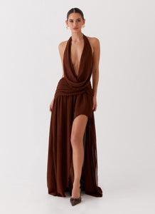 Womens Blake Rose Maxi Dress in the colour Brown in front of a light grey background