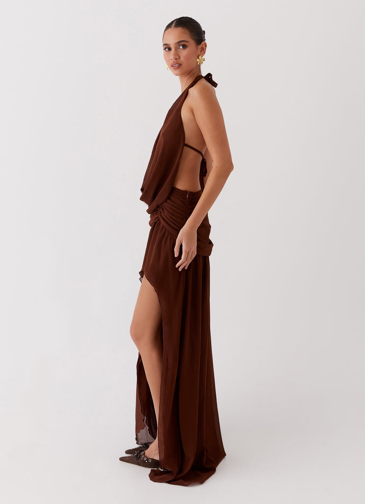 Womens Blake Rose Maxi Dress in the colour Brown in front of a light grey background