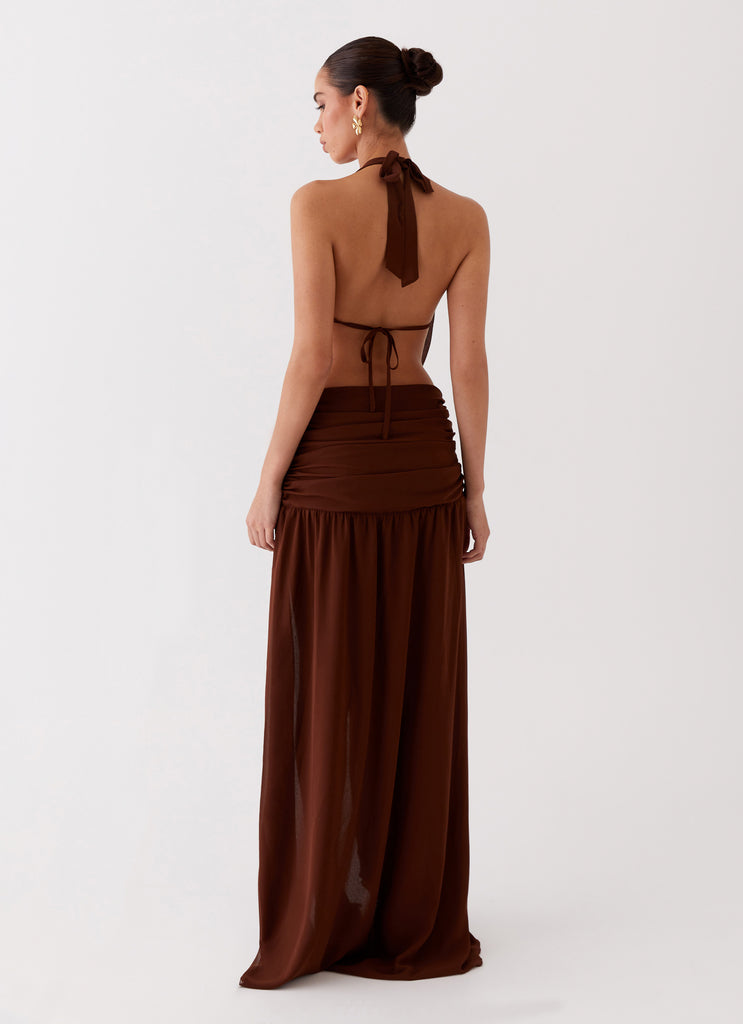 Womens Blake Rose Maxi Dress in the colour Brown in front of a light grey background