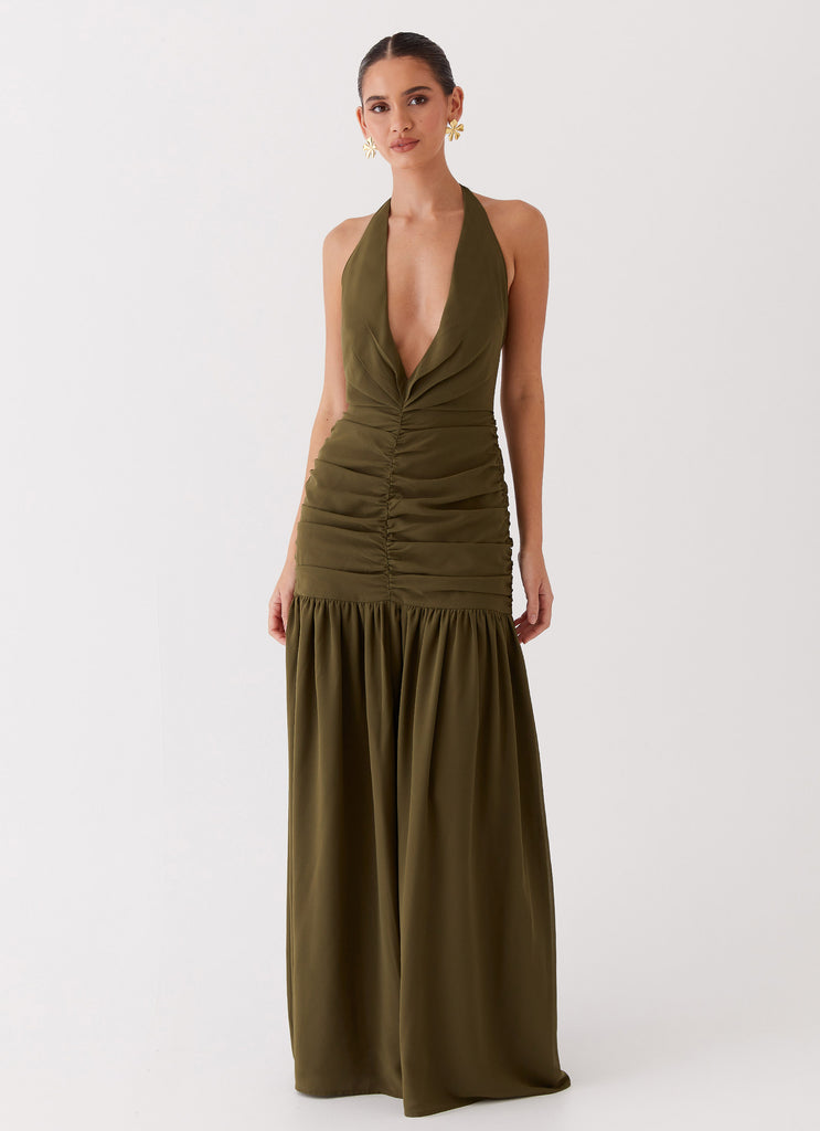 Womens Truly In Love Maxi Dress in the colour Khaki in front of a light grey background