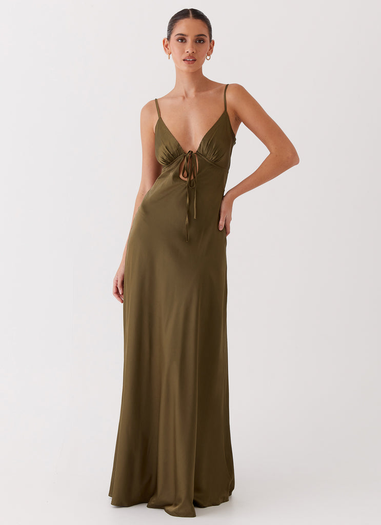 Flora Satin Maxi Dress - Khaki Peppermayo US Flora Satin Maxi Dress - Khaki Peppermayo US