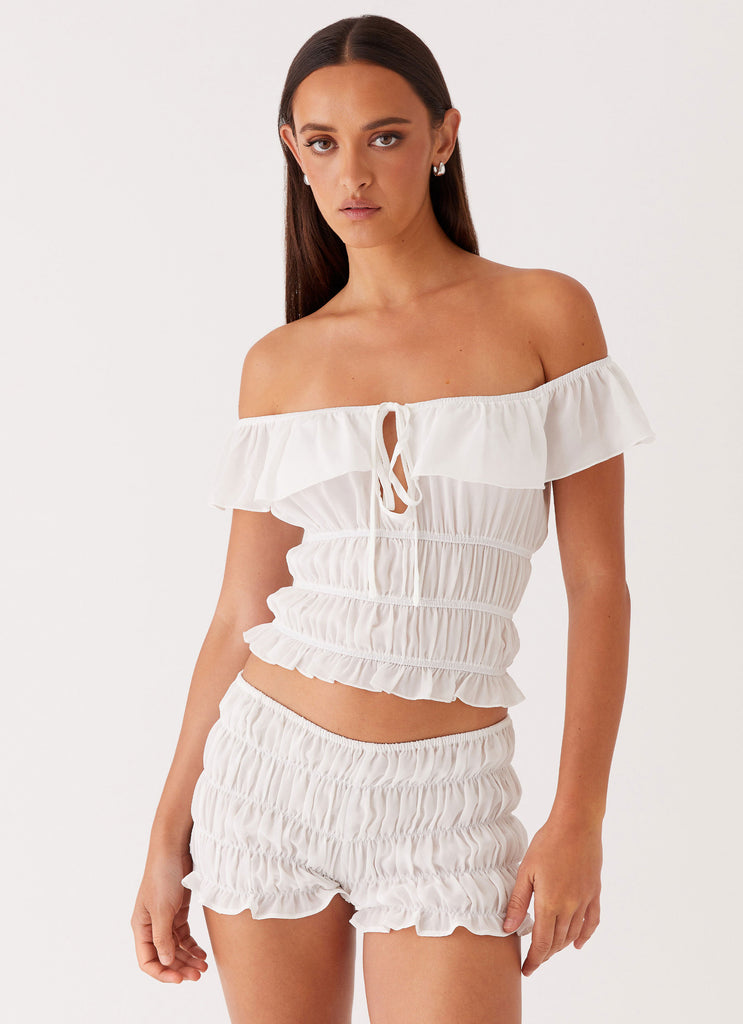 Womens Girls Like Us Ruched Mini Shorts in the colour White in front of a light grey background