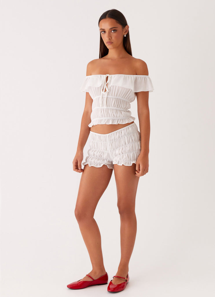 Womens Girls Like Us Ruched Mini Shorts in the colour White in front of a light grey background