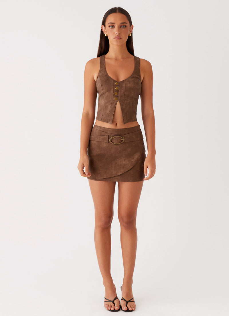 Womens West District PU Mini Skirt in the colour Brown in front of a light grey background