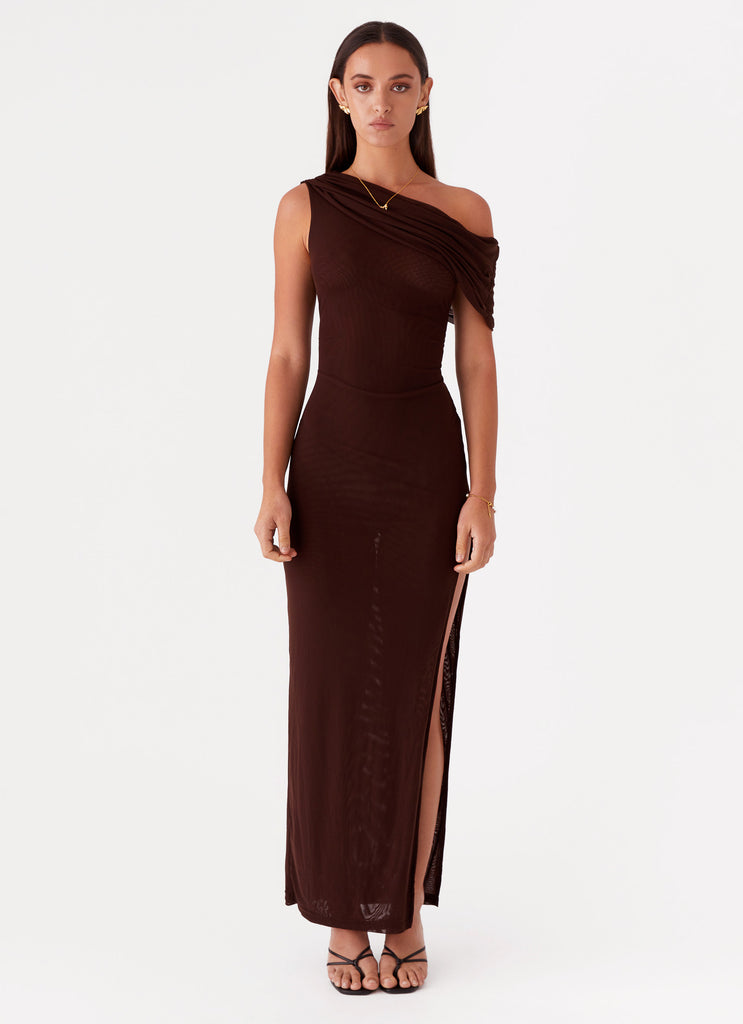 Womens Ciara One Shoulder Draped Maxi Dress in the colour Chocolate in front of a light grey background