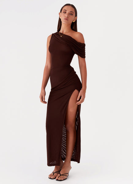brown draped maxi dress Ciara One Shoulder Draped Maxi Dress