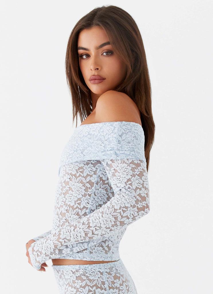 Womens Zephyra Lace Long Sleeve Top in the colour Blue Cloud in front of a light grey background