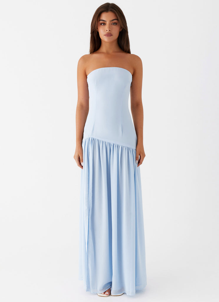 Womens Eden Strapless Maxi Dress in the colour Blue in front of a light grey background