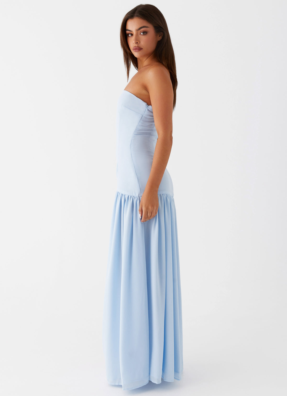 blue strapless maxi dress Princess Polly Women's Faviola Satin Gown - twist front detail Versona | sea you later
