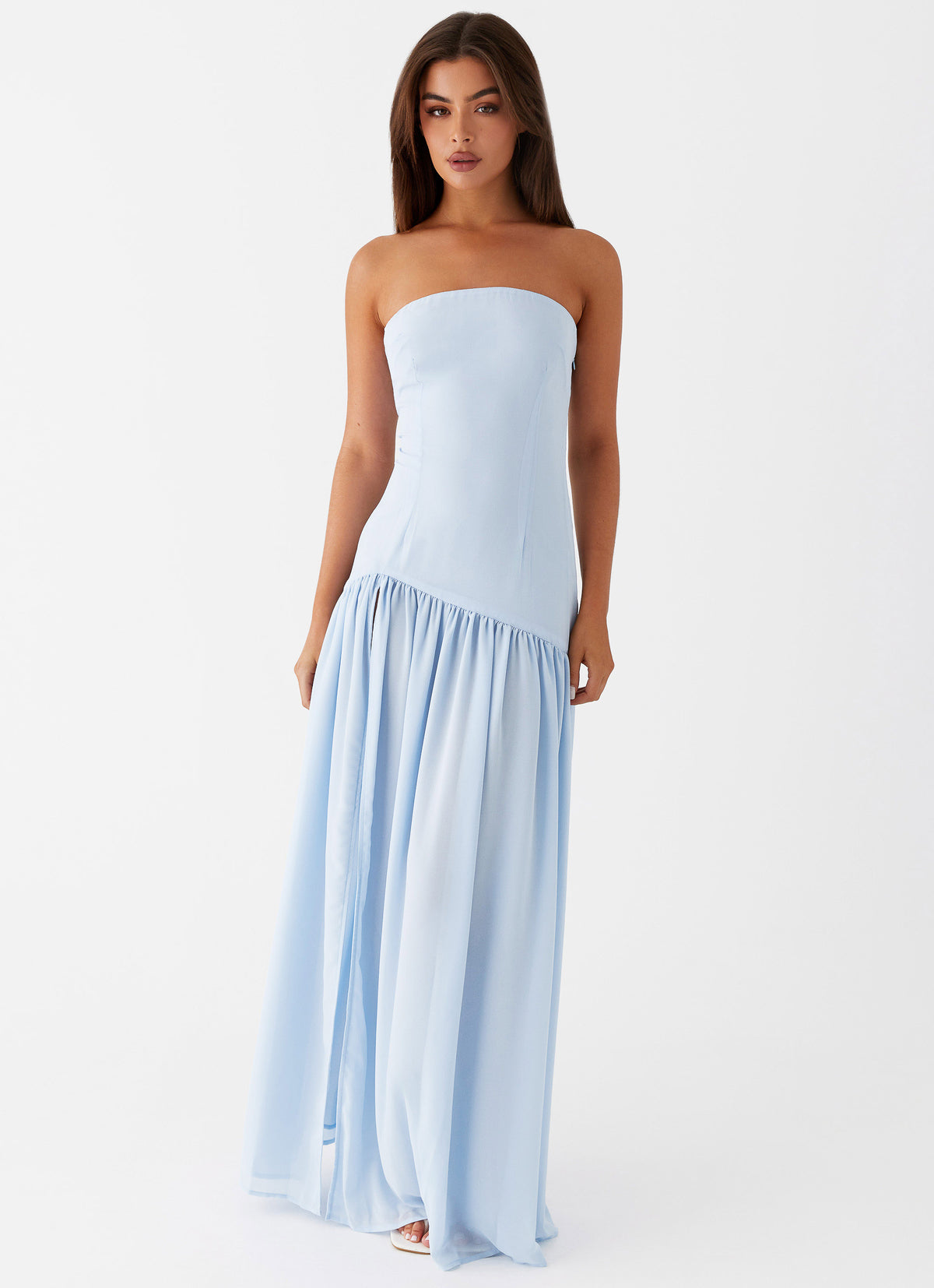 light blue strapless dress Floral Layers A-line Long Prom with Slit Light Blue / US 14 Pair with simple heels and elegant jewellery for a show Sky Blue Strapless Sparkly Homecoming