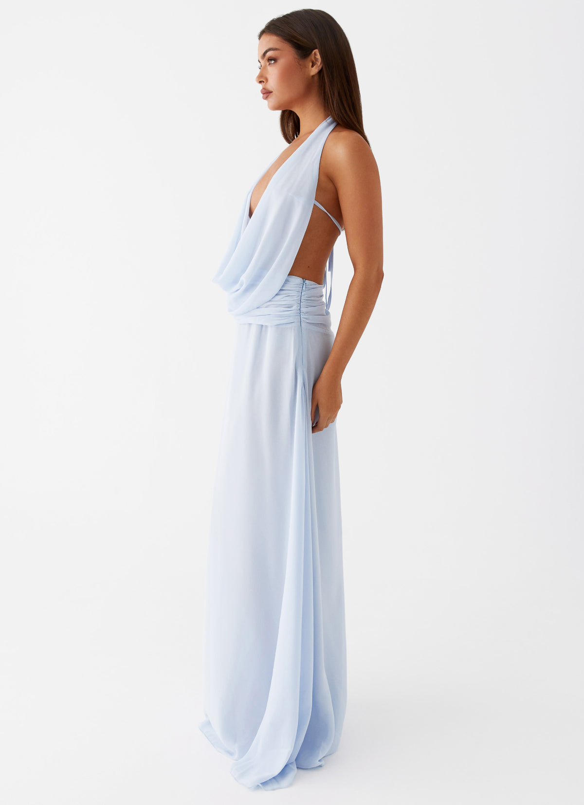 baby blue maxi dress Santiago Cut-Out Ruffle Ice this dress enhances your shape while offering elegant charm Ginevra Pale Blue Long Dress