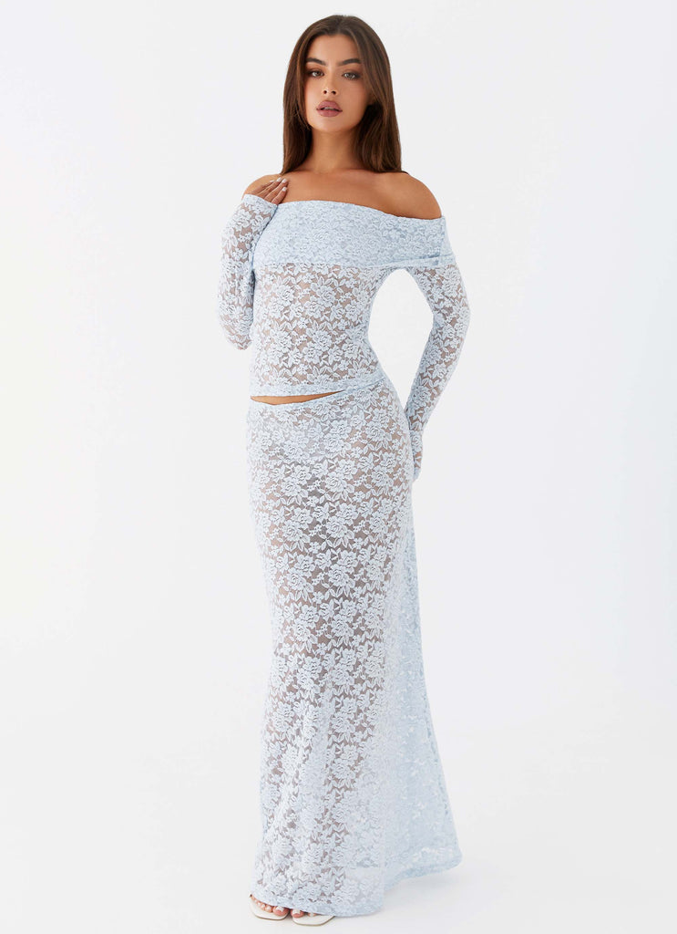 Womens Zephyra Lace Maxi Skirt in the colour Blue Cloud in front of a light grey background