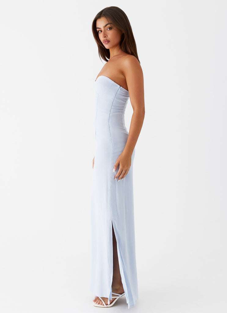 Womens Esra Linen Strapless Maxi Dress in the colour Blue in front of a light grey background