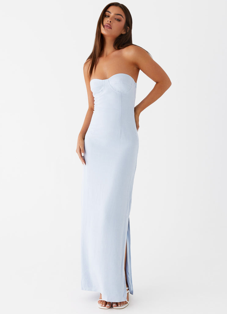 Womens Esra Linen Strapless Maxi Dress in the colour Blue in front of a light grey background