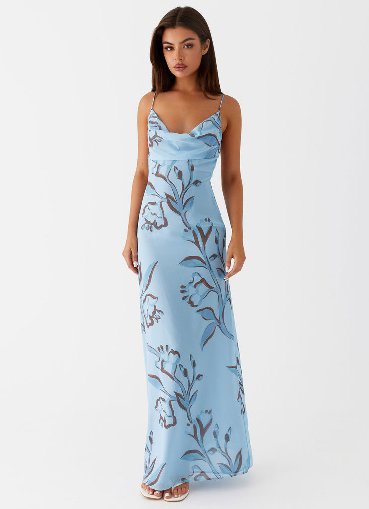 Womens Felicia Daisy Maxi Dress in the colour Blue Floral in front of a light grey background