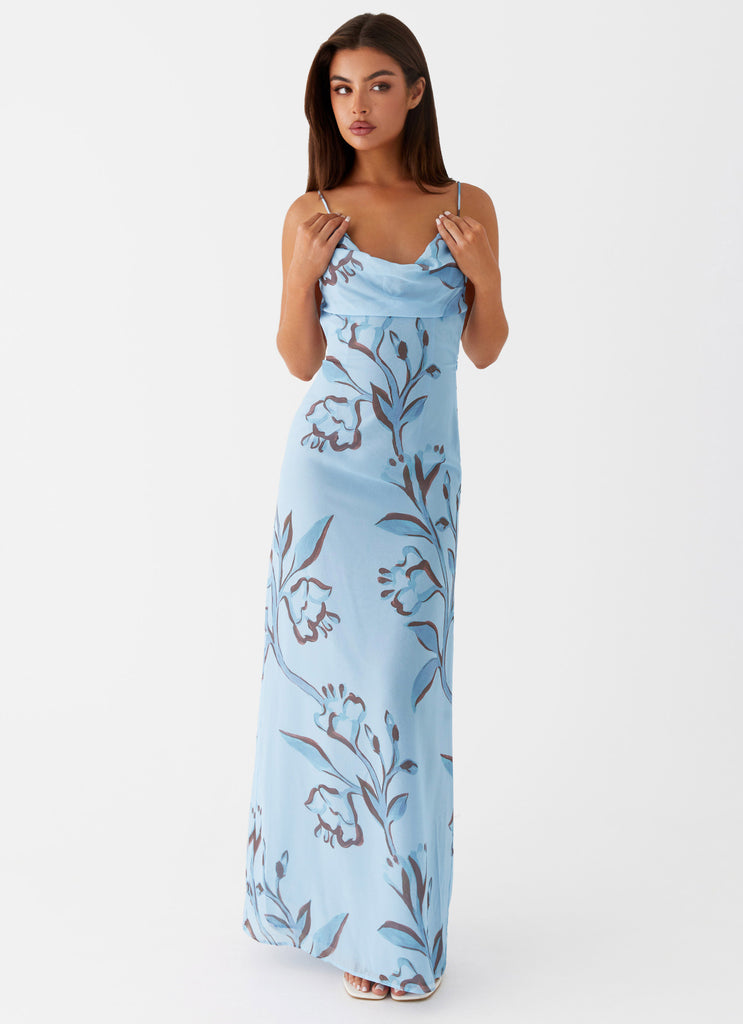 Womens Felicia Daisy Maxi Dress in the colour Blue Floral in front of a light grey background